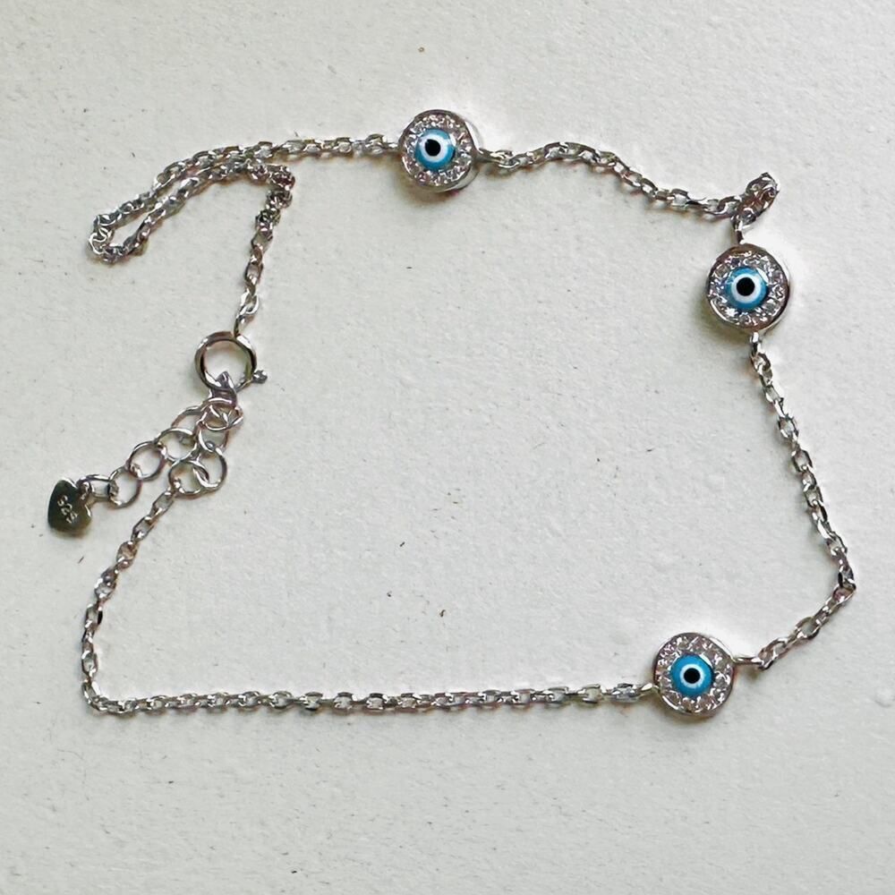 925 Sterling Silver Evil Eye CZ Anklet - Picture 3 of 5